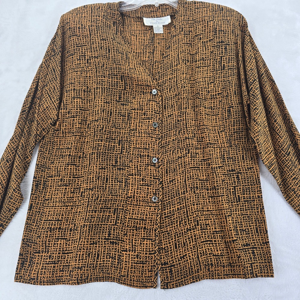 Silk Studio‎ Claude Bennett Blouse Womens 6 Button Up Brown Abstract Silk Top